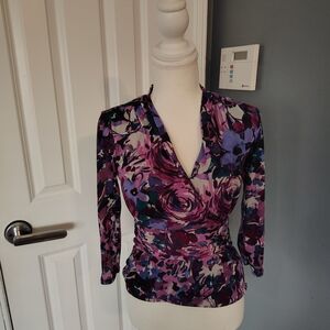 Kate Hill Floral V-Neck Blouse - Purple and Black